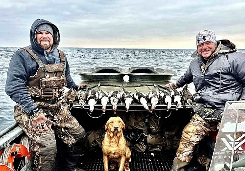  Two men and a dog pose with ducks caught on Gray Goose trip
